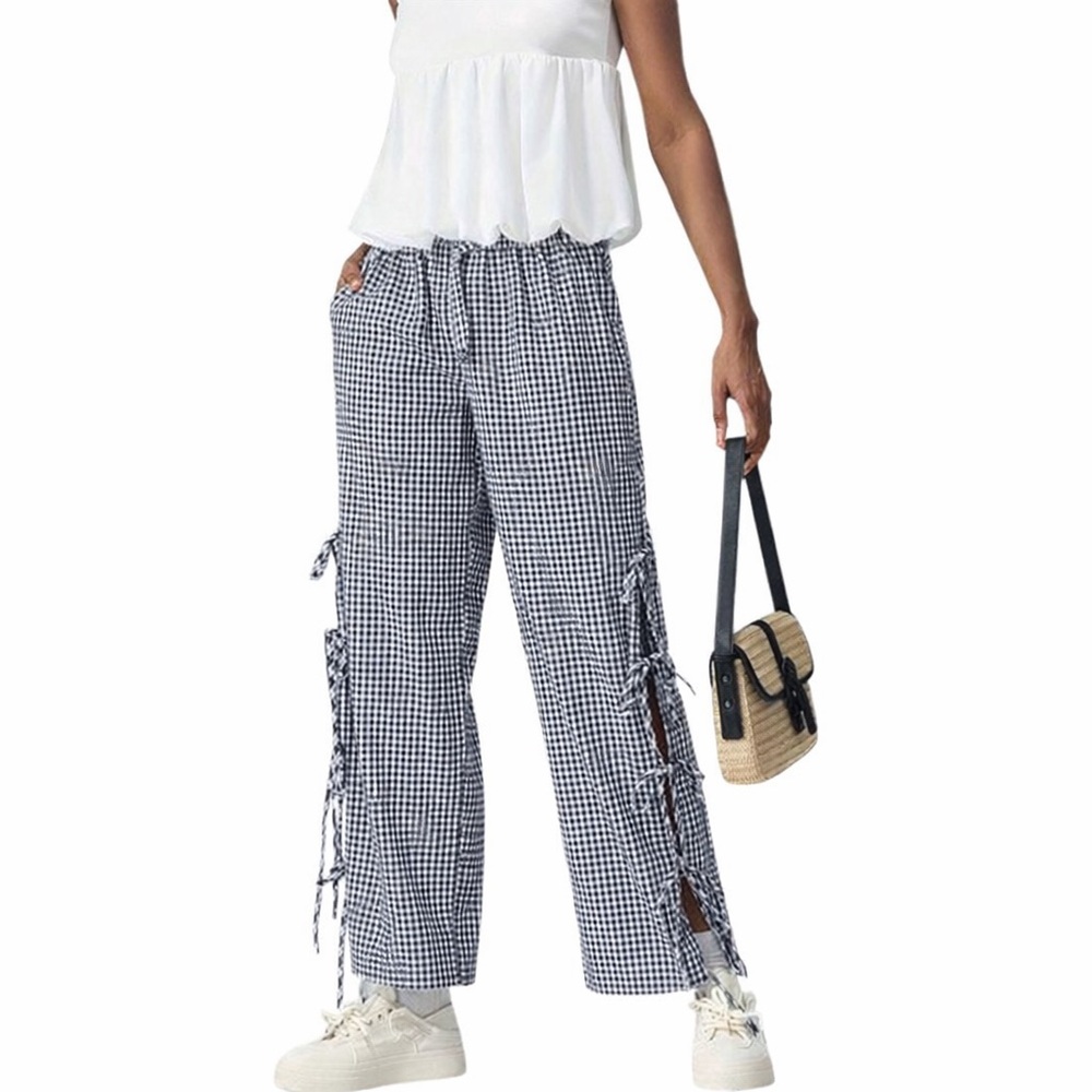 CIDER Y2K Gingham Wide Leg Pants NWT High Waisted Plaid Side Tie Loose Fit Sz M